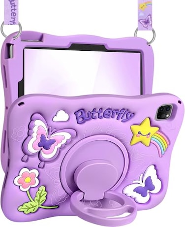 Kidcube for iPad Air 11 Inch Case M3 2025M2 2024 Pro 11 4th3rd2nd1st Air 5th4th Generation Case Girls Cute Kawaii Girly 3D Purple Butterfly Design with Rotating Stand Strap Silicone Cover