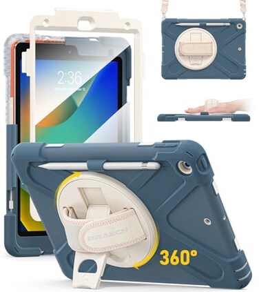 BRAECN for iPad 9th8th7th Generation CaseHeavy Duty Shockproof Case with Screen Protector Pencil Holder Pencil Cap Holder Hand Strap KickstandShoulder Strap for iPad 102 Inch 202120202019