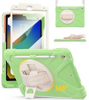 BRAECN for iPad 9th8th7th Generation CaseHeavy Duty Shockproof Case with Screen Protector Pencil Holder Pencil Cap Holder Hand Strap KickstandShoulder Strap for iPad 102 Inch 202120202019