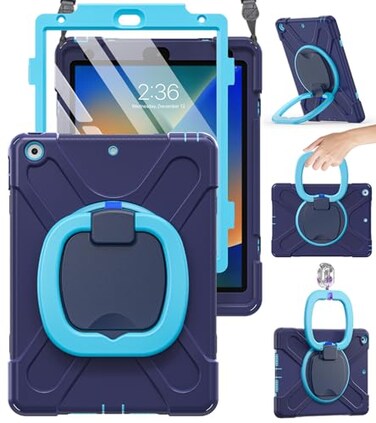 BRAECN for iPad Case 9th8th7th GenerationRugged Kids Friendly Silicon Case with Folding StandHandle Grip Pencil Holder Shoulder Strap Screen Protector Pencil Cap Holder for iPad 102Navy Blue