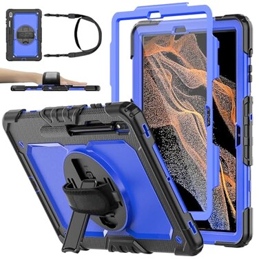 BASE MALL Case for Samsung Galaxy Tab S8 Plus 2022S7 FES7 Plus 5G 124inch Tablet Case Protective with Screen Protector Rotatable Kickstand S Pen Holder HandShoulder Strap Blue