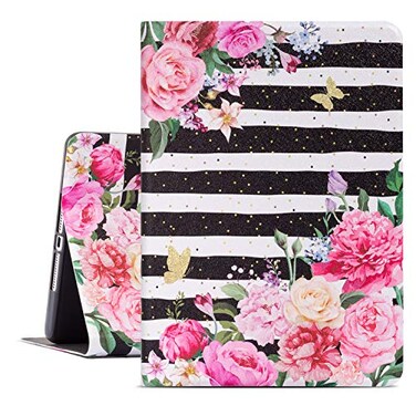 Glowish iPad Air 2 Case 97 ipad 6th 5th Generation Cases Premium Leather Folio Case and Multiple Viewing Angles Stand for iPad Air 21 Black White Striped Flower