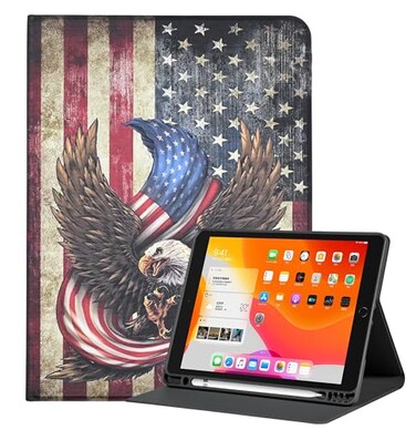 YHB Rotating Case for iPad 7th 8th 9th Gen 102 Display 2019 2020 2021 Version Premium PU Leather Stand Protective Cover with Auto WakeSleep Bald Eagle American Flag