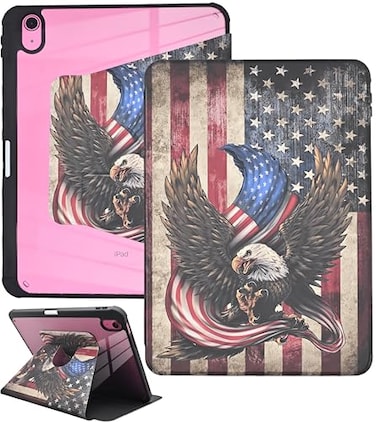 YHB Rotating Case for iPad Air 11inch M3 2025 M2 2024 iPad Air 5th4th Generation 109 Builtin Pencil Holder PU Leather Folding Stand Cover with Auto WakeSleep Bald Eagle American Flag