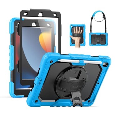 SEYMAC stock SEYMAC Kids Case for iPad 9th 8th 7th Generation 102 20212019 Heavy Duty Protective Shockproof Case with Screen Protector Rotating StandHandleShoulder Strap for iPad 102 Light Blue