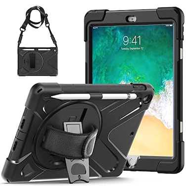 TSQ Case for iPad 5th6th Generation 2017 2018 for Kids with Pen Holder 360 Rotating StandHand Strap Military Grade Heavy Duty Rugged Shockproof Case for iPad 97 Inch Obsidian