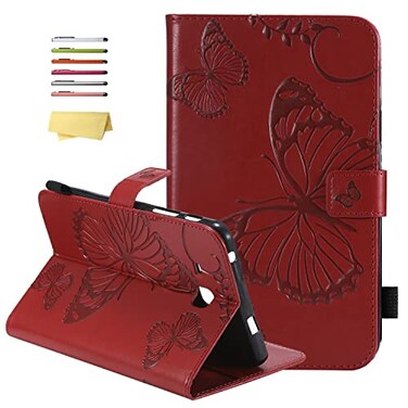 UUcovers for Samsung Galaxy Tab A 70 2016 Case SMT280T285 with Pencil Holder Auto WakeSleep Folio Stand Smart Magnetic Wallet Embossed Butterfly Synthetic Leather TPU Shockproof Cover Red