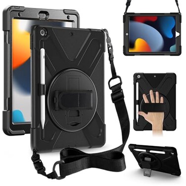 ZenRich Shockproof Case for iPad 9th8th7th Generation 102 inch 202120202019 Heavy Duty Rugged Case with Pencil Holder360 Rotating KickstandHandleCarrying Strap Black