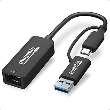 Plugable 25G USBC and USB to Ethernet Adapter DualConnector 2in1 USBC to RJ45 25Gbps LAN Compatible with Thunderbolt 5 4 USB4 USB 30 Windows Mac ChromeOS iPhone 15 16