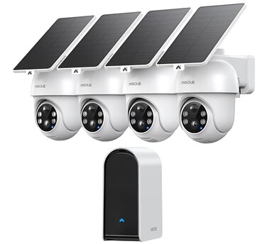 ANSQUE Security Cameras Wireless Outdoor Home System 4 Camera Kit No Subscription Fees Solar Powered Local Storage 365Day Battery Life 360PTZ Surveillance Auto Tracking 2K Color Night Vision