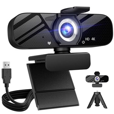 Tewiky Full HD Webcam with Builtin Microphone and Rotatable Tripod 4K Video and Wide Angle Camera Privacy Cover for Desktop PC or Laptop Computer