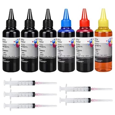 AYMSous 6Pack Universal Dye Ink Refill Kit for All HP Canon Epsn Brother Printers Compatible Cartridges Refillable Cartridge CISS CIS System with 6 Syringes6x100ML 3BK 1C 1M 1Y