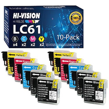 HI-VISION HI-YIELDS HIVISION HIYIELDS 10 Pack Compatible LC61 LC61 4 Black 2 Cyan 2 Yellow 2 Magenta Ink Cartridges Replacement for MFC490CW MFC495CW MFCJ410W MFCJ615W MFC6490CW MFC6890CDW