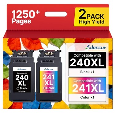 Adoccur PG240 XLCL241 XL Ink Cartridges Compatible with Canon 240XL 241XL Combo Pack Canon Ink 240 241 for pg240 for Canon PIXMA MG3620 MG3600 TS5120 MG3520 MG2120 MX472 MX452 MX512 MX532 Printer 2 Pa