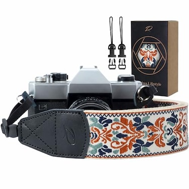 Padwa Lifestyle 2 Retro Jacquard Embroidery Camera Strap Adjustable Wide DSLRSLR Camera NeckShoulder Strap with Genuine Leather Head White Classic Flower