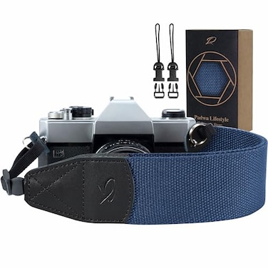 Padwa Lifestyle Blue Camera Strap 2 Wide Genuine Leather Ends Camera Straps for Photographers Vintage Cotton Woven Strap with Camera Quick Release Clips fits All Cameras and Binoculars