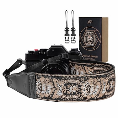 Padwa Lifestyle Camera Strap 2 Full Grain Leather Ends Camera Straps for Photographers Vintage Embroidered Cotton Weave Soft Suede Fabric Padded Strap Quick Release fits All Cameras