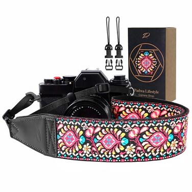 Padwa Lifestyle Pink Flower Camera Strap 2 Full Grain Leather Ends Camera Straps for Photographers Vintage Embroidered Cotton Weave Soft Suede Fabric Padded Strap Quick Release fits All Cameras