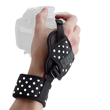 USA Gear DualGRIP Professional Grip Camera Hand Strap with Neoprene Design and Metal Plate Compatible with Canon Fujifilm Nikon Sony and more DSLR Mirrorless Point Shoot Cameras Polka Dot