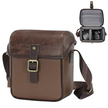 Cwatcun Camera Sling Bag PU Leather for PhotographersSmall Camera Bag Waterresistant Shockproof Case with Removable Dividers for DSLRSLRMirrorlessBrown