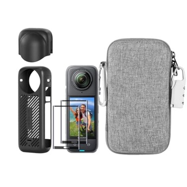 LEWOTE 7in1 Compatible with Insta360 X4 Accessories KitSilicone Camera Case Cover and Lens Cap2Pcs 3D Screen Protector FilmCarrying Case Bag with Locking Carabiner and Antiloss Lock Black