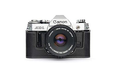 BolinUS A1 Case Handmade Genuine Real Leather Half Camera Case Bag Cover for Canon AE1 A1 NO Handle Camera with Hand Strap Black