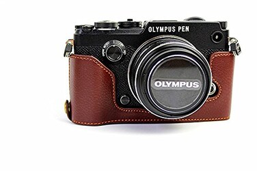 BolinUS PENF Case Handmade Genuine Real Leather Half Camera Case Bag Cover for Olympus PENF Bottom Opening Version Hand Strap Coffee