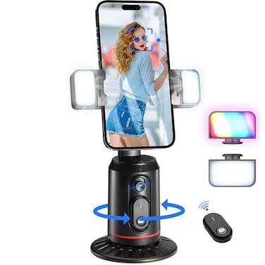 MQOUNY Auto Face Tracking Phone Holder 360 Rotation Face Body Phone Tripod Smart Shooting Camera Mount with Rechargeable Remote and Light for Live Vlog Streaming Video Rechargeable