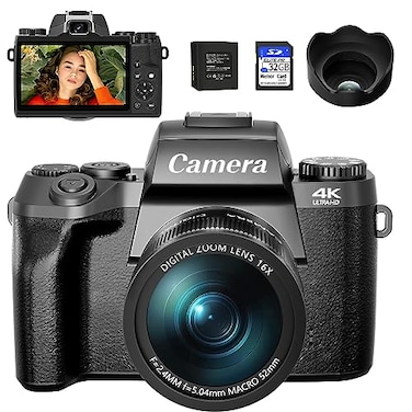 Saneen Digital Camera 4k Cameras for Photography 64MP WiFi Touch Screen Vlogging Camera with Flash 32GB Card Lens Hood3000mAH Battery Front and Rear CamerasHot Shoe Interface Beginner