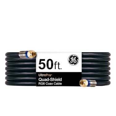 GE RG6 Coaxial Cable 50 ft FType Connectors Quad Shielded Coax Cable 3 GHz Digital inWall Rated Ideal for TV Antenna DVR VCR Satellite Cable Box Home Theater Black 33532