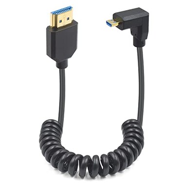 Duttek 8K Coiled Micro HDMI to HDMI Cable 8K60Hz 48Gbps Extreme Slim Down Angle 90 Degree HDMI Male to Micro HDMI Male Coiled Cable for Camera Laptops Raspberry Pi 5 4 33 FT1M
