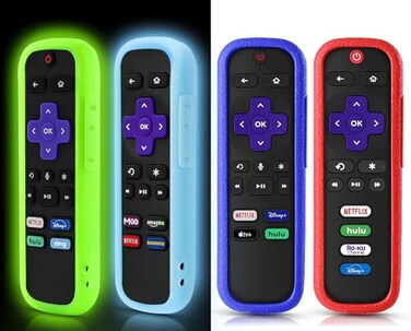 SOTATOO 4 Pack Case for Roku Remote Cover for Hisense Roku TV Steaming StickExpress Universal Replacement Controller Silicone Universal Protective Controller Sleeve Glow in The Dark Green Blue