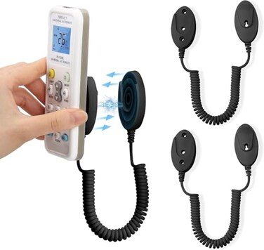 WALLFID 2Pack Magnetic Remote Control Holders with Spring Ropes Safely Secure Remotes Small Items WallMount with Adhesive AntiLoss Rapid Adsorption Extendable Spring Black 43 inch 2 Pack