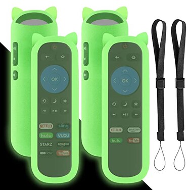 Bedycoon 2 Pack Green Glow Protective Case for TCL Roku TV RC280RC282 Remote Shock Proof Silicone Universal Controller Cover Cute Cat Ear Shape with Wrist Strap AntiLost