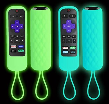 TOKERSE 2 Pack Silicone Case Compatible for Roku ExpressStreaming StickPremiere Remote Cover Compatible with TCL Roku Smart TV Remote Control Replacement Sleeve Skin Glow in The Dark Blue Green