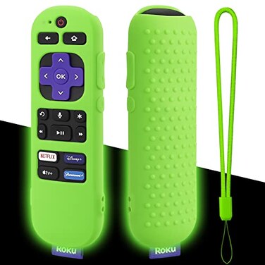 weishan Glow Green Remote Cover Replacement for Roku Voice Remote Official Controller RCA1R RCGZ1 Glowing in The Dark Silicone Case with Lanyard for Roku Players Audio and TV