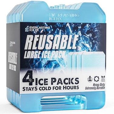 Everlasting Ice Large Reusable Ice Packs for Cooler with Handle 4 Pack Long Lasting Coolness BPA Free Freezer Packs for Extended Cooling Cooler Ice Packs for Camping Fishing Hiking Beach