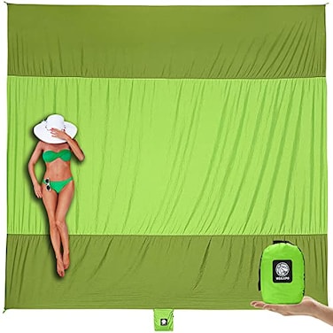 WEKAPO Beach Blanket Sandproof Waterproof Extra Large Beach Mat Oversized Compact Sand Free Quick Drying Beach Essentials for Vacation Cruise Picnic Camping with Stakes Green 7x7 FT