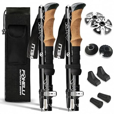Foxelli Lightweight Trekking Poles Compact Walking Sticks with Quick Locks Ergonomic Cork Grip AllTerrain Accessories Adjustable Collapsible Poles for Travel Hiking