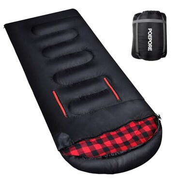 POEPORE Flannel Sleeping Bag Lightweight Warm Weather 34 Seasons for Adults XL Wearable Sleeping Bag Waterproof with Compression Sack BlackRed