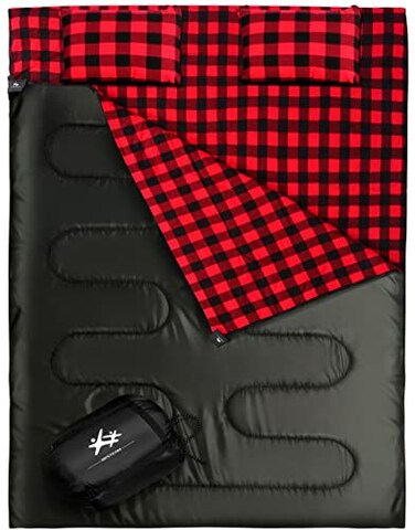 BESTEAM Double Sleeping Bag Flannel for Adults Kids Queen Size for 2 Person with 2 Pillows Warm Cold Weather Sleeping Bag for Camping Hiking Waterproof Lightweight with Compression SackBlack