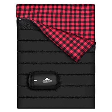 AGEMORE Cotton Flannel Double Sleeping Bag for Camping Backpacking Or Hiking Queen Size 2 Person Waterproof Sleeping Bag for Adults Or Teens Lightweight with Compression Sack