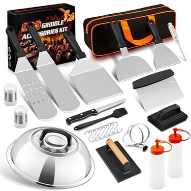 HaSteeL 26 PCS Griddle Accessories Kit Stainless Steel Flat Top Grilling Tools Set with Enlarged Spatulas Scraper Chopper Melting Dome for Outdoor Teppanyaki Barbecue