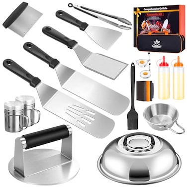 Ashihoti Official Griddle Accessories BBQ Grill Set 20pcs Stainless Steel Barbecue Tools Kit for Blackstone with Griddle Spatula Basting Cover Grill Mats Carry Bag for CampingFlat Top Camp Chef Utensi