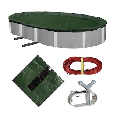 Blue Wave Silver 12Year 12 ft x 24 ft Oval Above Ground Pool Cover for Winter Durable WeatherResistant Polyethylene 4 ft Overlap Black Underside Reinforced Grommets Winch Cable Forest Green