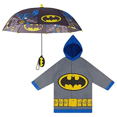 DC Comics Little Kids Umbrella and Lightweight Rain Slicker Set for Boys Ages 47 Grey Batman Age 67