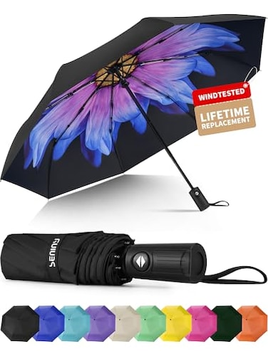 Seniny Windproof Travel Umbrella Automatic Umbrellas for Rain Portable Compact Umbrellas for Backpack Strong UV for Protection Folding Small Sun Umbrella for Car Walking Flower