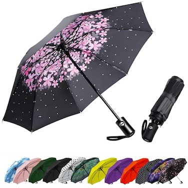 SIEPASA Compact Travel Umbrella Windproof Auto OpenClose Small Folding Umbrella for Rain Sun with UPF50 Lightweight Frame Waterproof Fits Backpack Purse SuitcasePink Cherry Bossom