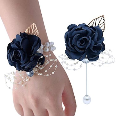 VEIDO Wrist Corsage Rose Flower Brooch for Wedding Party Prom Wristband Flower Set Navy