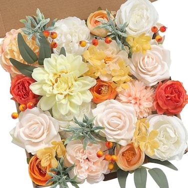Serra Flora 18Heads Multi Use Artificial Flowers Combo for DIY Wedding Bridal Bouquet Table Chair Decor Candle Holder Baby Cake Decor Flower Strips Home Decor Gift Box Warm Orange White
